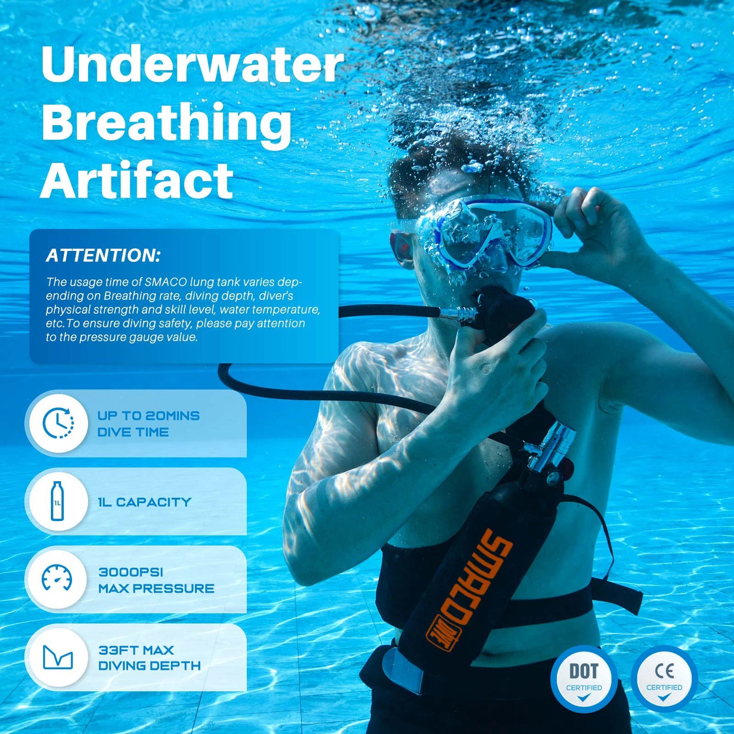 Smaco Scuba Tank 1L Mini Oxygen Cylinder Diving Gear