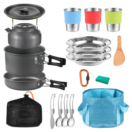 TOMSHOO 20pcs Outdoors Camping Pot Set Portable Aluminum Cookware Set