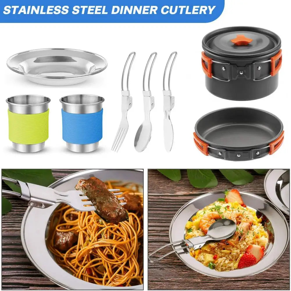 Camping Cookware Kit - Folding Pot, Pan, Kettle, Spoon, Fork, Cup for 2, Compact and Portable Non-Stick Metal Set