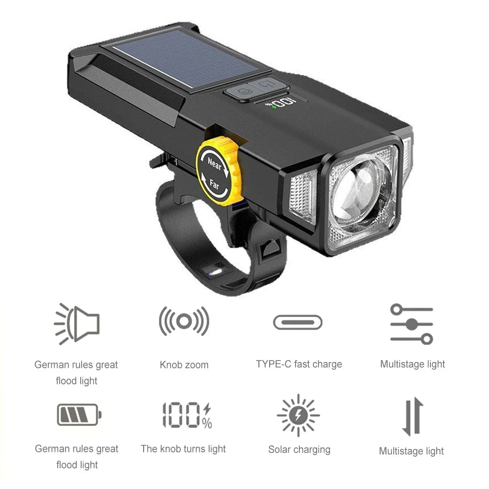 Solar USB Rechargeable Front Light Night Riding Safety