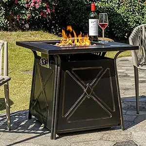 28 Inch Wicker Propane Fire Pit Table 50000 BTU With Lid