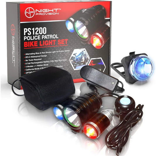 PS1200 Front & OPTIKS P220 Rear Police Patrol Bike Light - Red/Blue Strobe LED Rechargeable Water Proof - 5 Modes