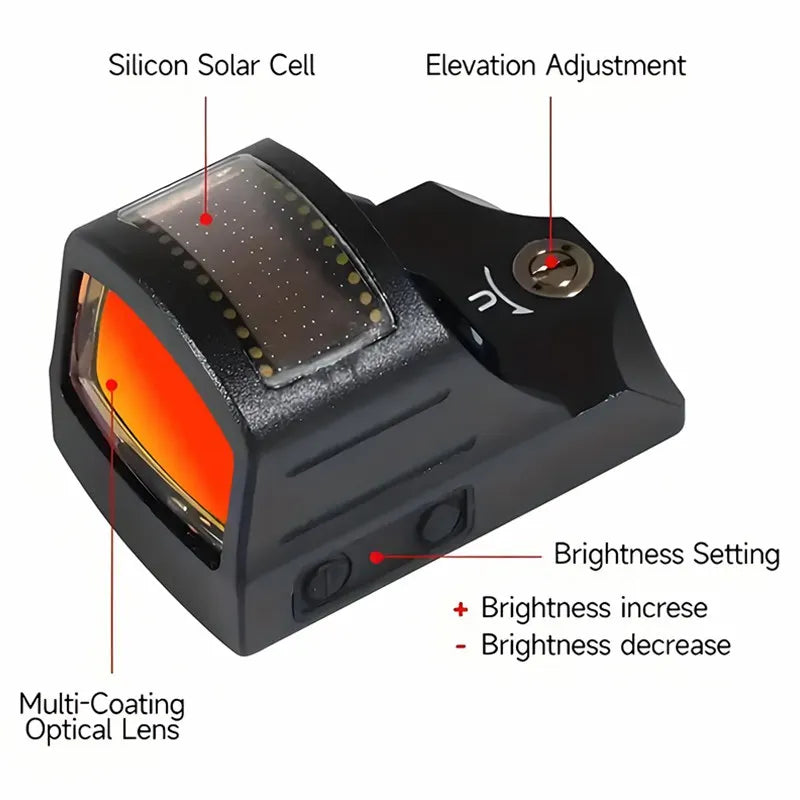 507C Solar-Powered Reflective Red Dot Scope - Aluminum Alloy, Black with Orange-Red Accents, Compact & Durable for Hunting