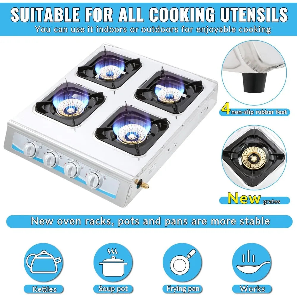 Propane gas stove, 4 burner Gas stove Portable gas stove automatic ignition camping Stainless steel stove 4 burner LPG RV