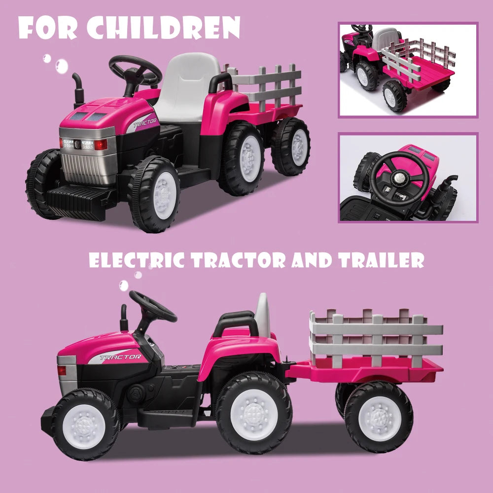 Pink, 12V7AH Battery-Powered Toy Tractor with Trailer, Remote Control, Kids' Electric Excavator Vehicles Treaded Tires