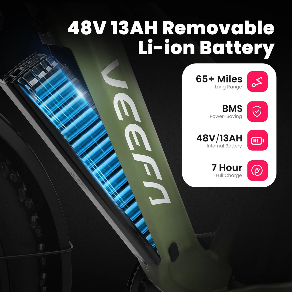 VEEFA Peak 1000W Electric Bike for Adults 48V 13Ah Removable Battery 26'' Fat Tire E Bike 28mph Mountain Ebike