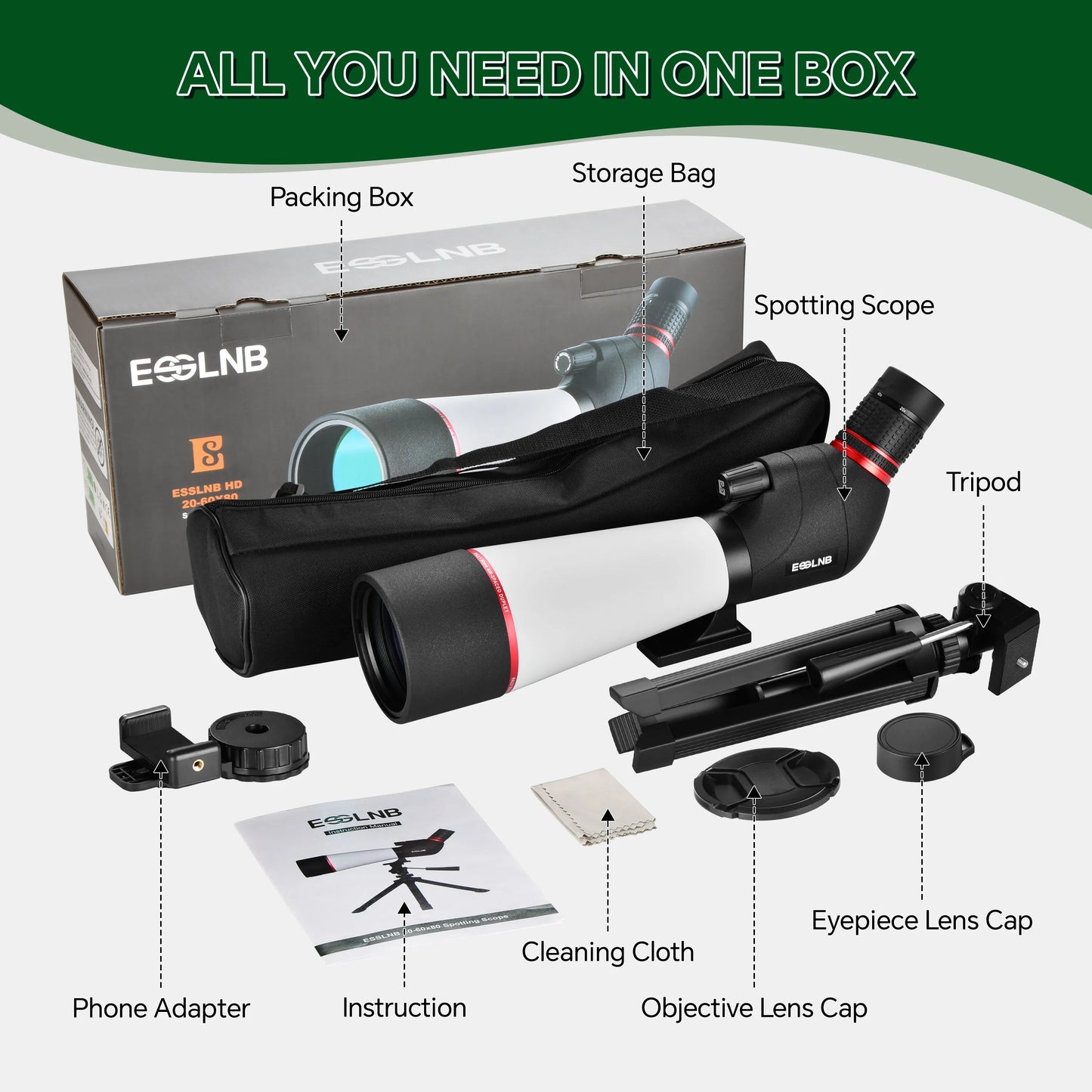 20-60X Zoom Spotting Scope 80mm Objective Lens Tripod For Hunting