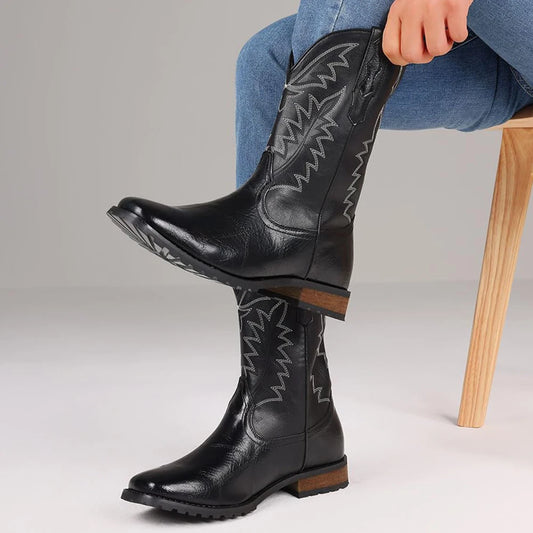 DoraTasia Plus Size12.5Fashion Retro Round Toe Chunky Heel Neutral Western Boots New Solid Color Concise Flame Embroidery Shoes