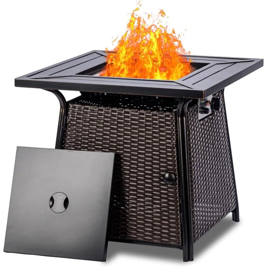 28 Inch Wicker Propane Fire Pit Table 50000 BTU With Lid
