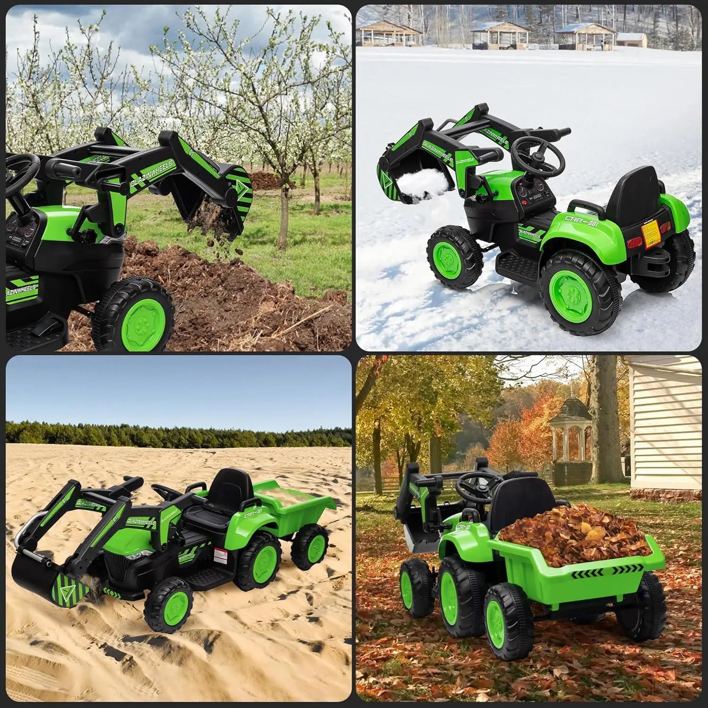 Kids 12V 3 in 1 Ride on Excavator & Tractor with Detachable Trailer, Ride on Car Toy with Remote Control, Digger, LED Lights