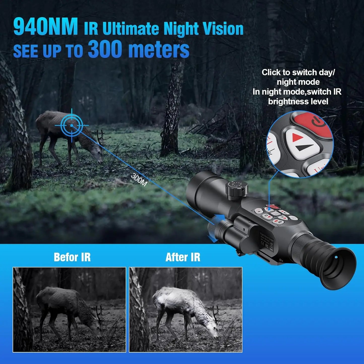 Night Vision Rifle Scope for Hunting Infrared Digital 60mm Lens IP66 Zoom 4.6-18x (WiFi) App Ballistic Calculator