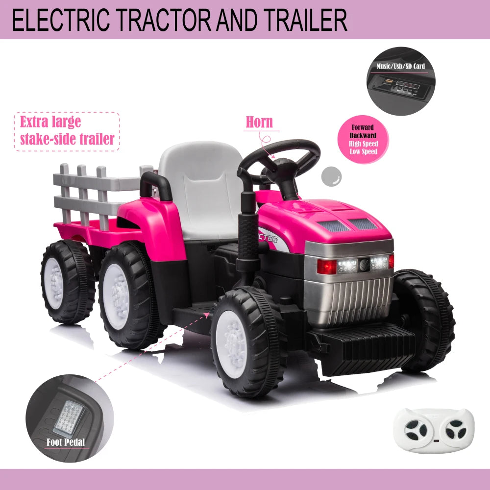 Pink, 12V7AH Battery-Powered Toy Tractor with Trailer, Remote Control, Kids' Electric Excavator Vehicles Treaded Tires