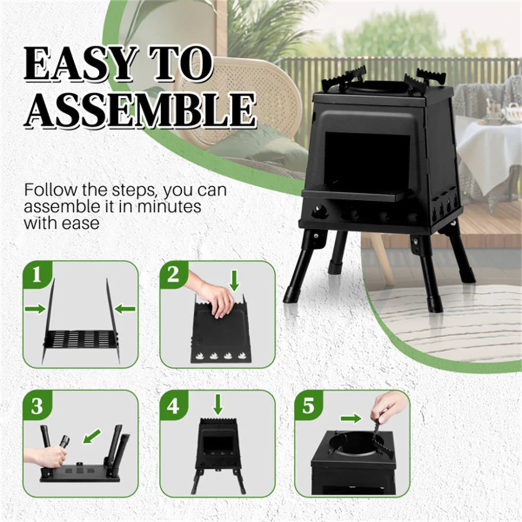 Portable Windproof Outdoor Fire Wood Heater with Burner Stove Bin for Camping Tent