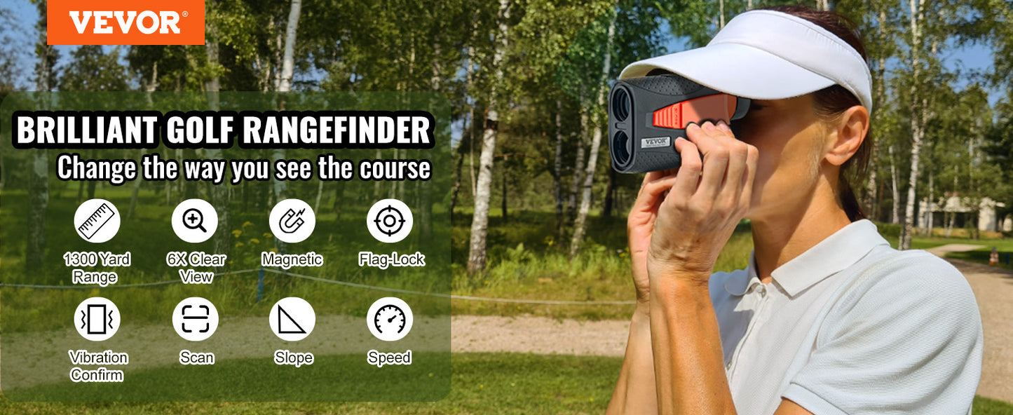 VEVOR 1300 Yards Golf Rangefinder Laser Golfing Hunting Range Finder 6X Magnification Flag Pole Lock Vibration Slope USB Charge