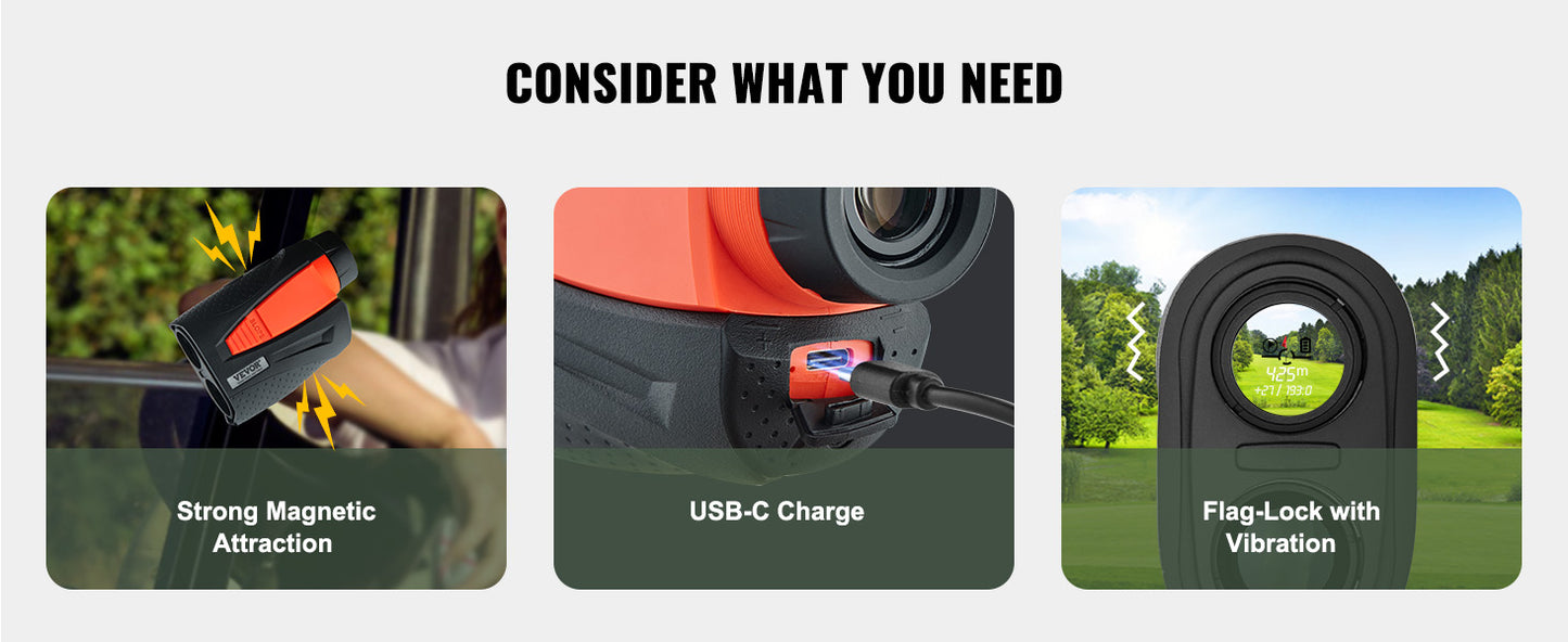VEVOR 1300 Yards Golf Rangefinder Laser Golfing Hunting Range Finder 6X Magnification Flag Pole Lock Vibration Slope USB Charge